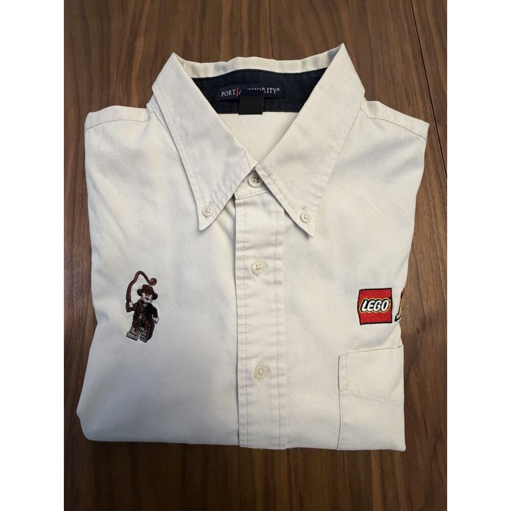 Rare LEGO Indiana Jones Embroidered Button Down Shirt White Oxford Crew Logo L